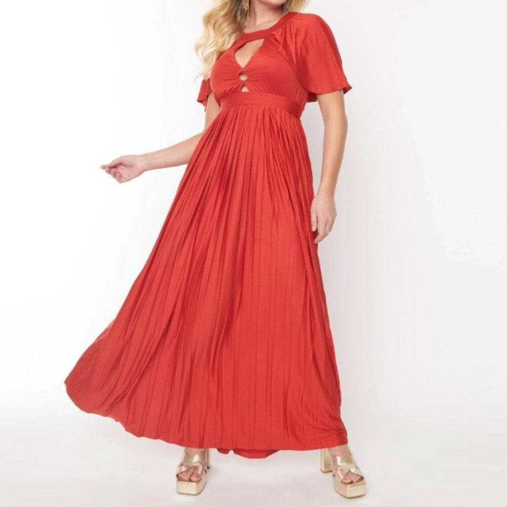 Unique Vintage Smak Parlour 1970s Rust Red Pleated Cape Maxi Dress NWT